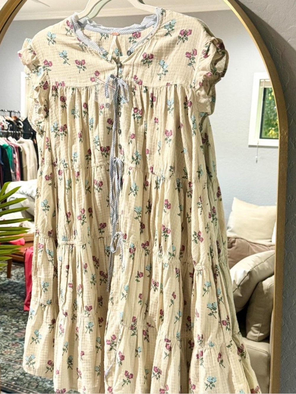 Free People Cream Floral Mini Dress with Pink Roses - Picture 3 of 5